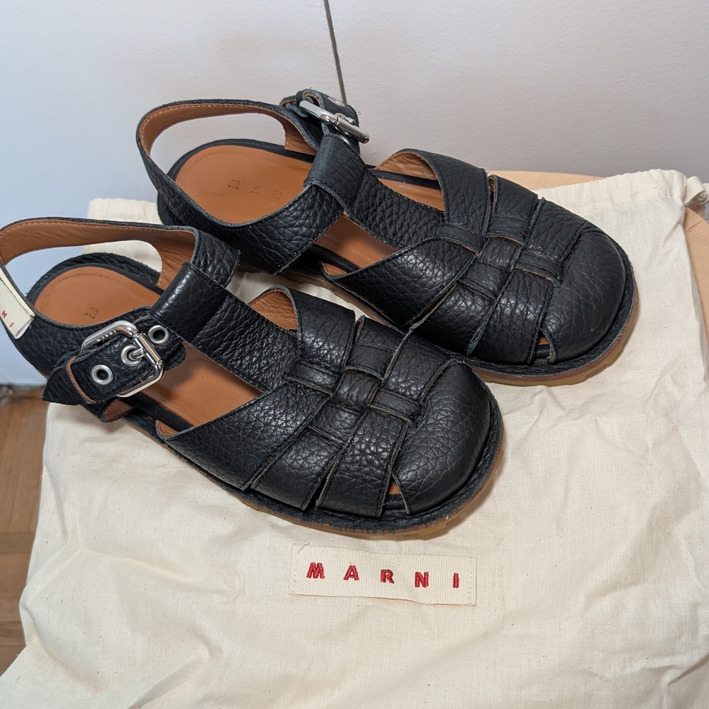 Marni Black Grained Leather Fisherman Sandals